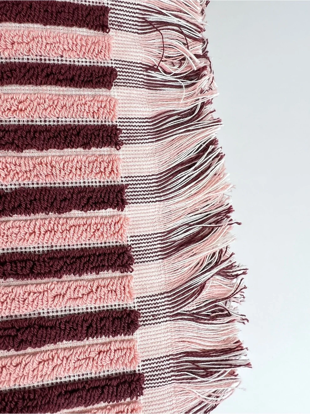 Rachel Zoe Bath Towel Set Pink Burgundy Cream Stripe & Fringe Cotton 8 Pc NEW